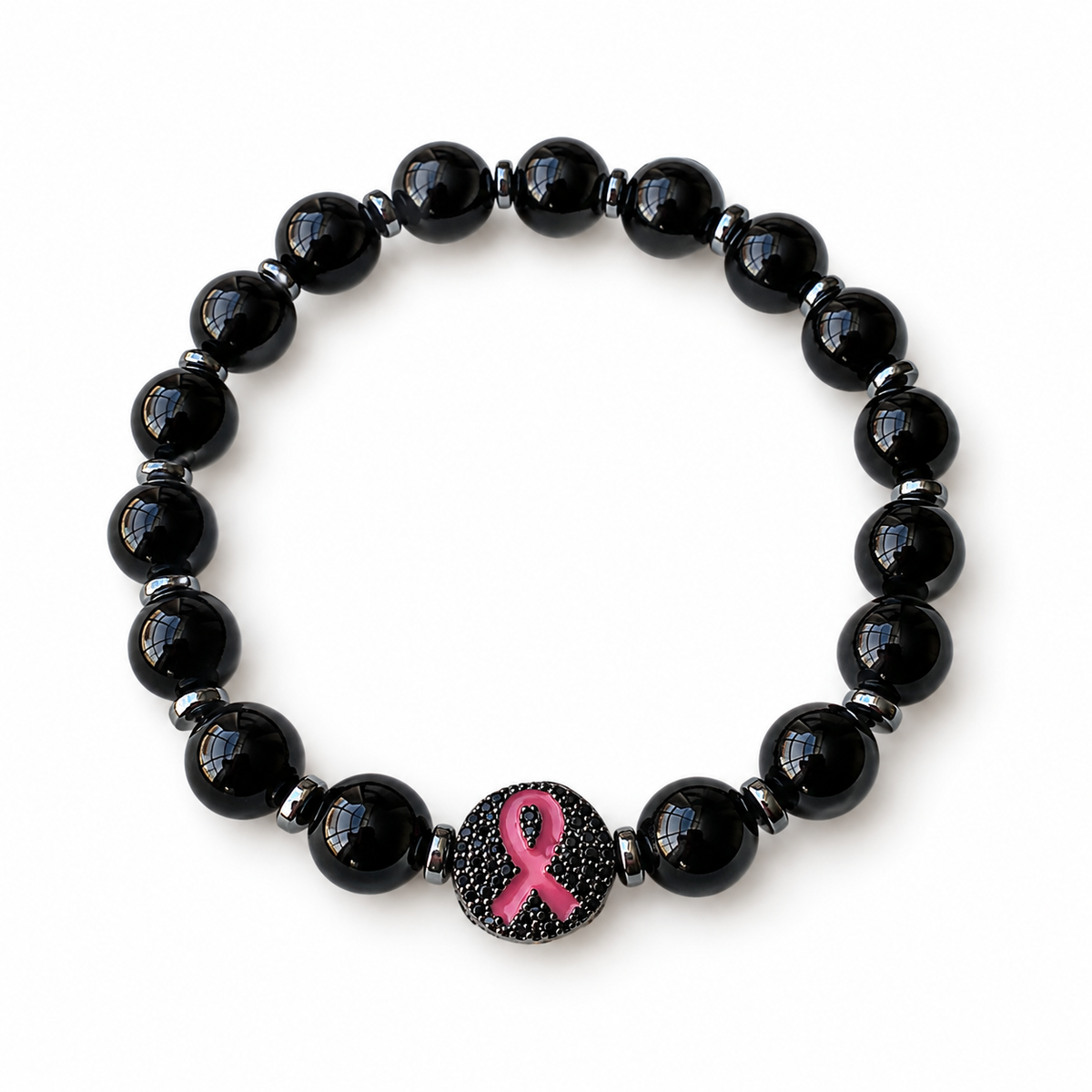 Black onyx gemstone awareness bracelet featuring glossy black beads, gunmetal hematite spacer beads, and a round charm with a pink awareness ribbon.