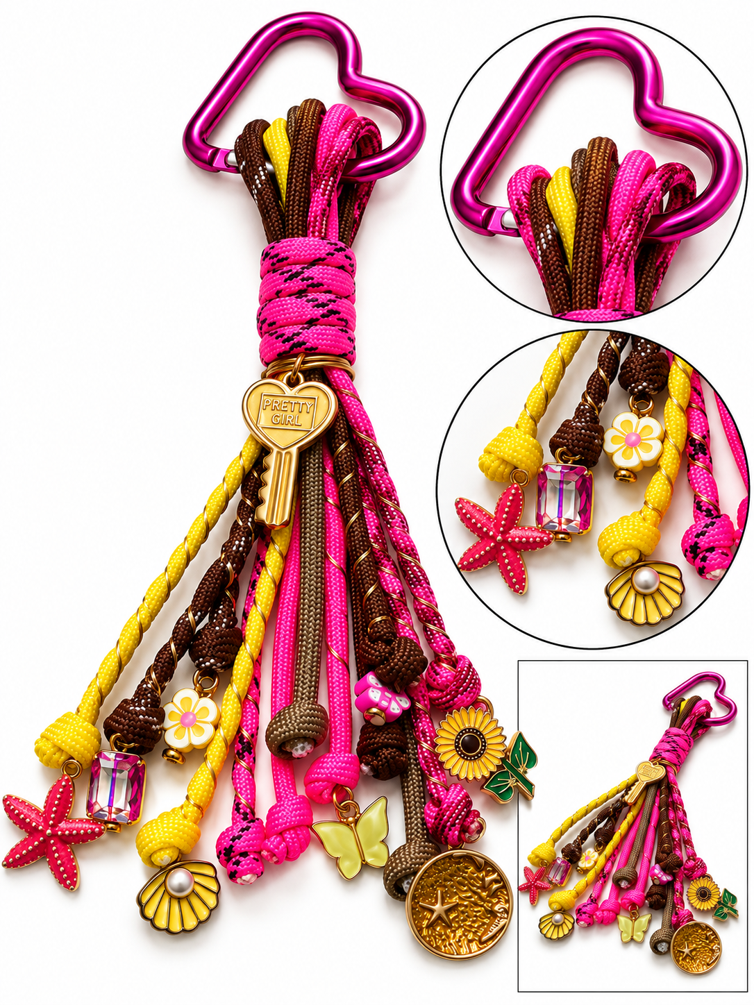 Close-up and alternate views of the Pink Yellow Pretty Girl bag charm showing its pink and yellow paracord and decorative charms by D'Mood Kreationz.