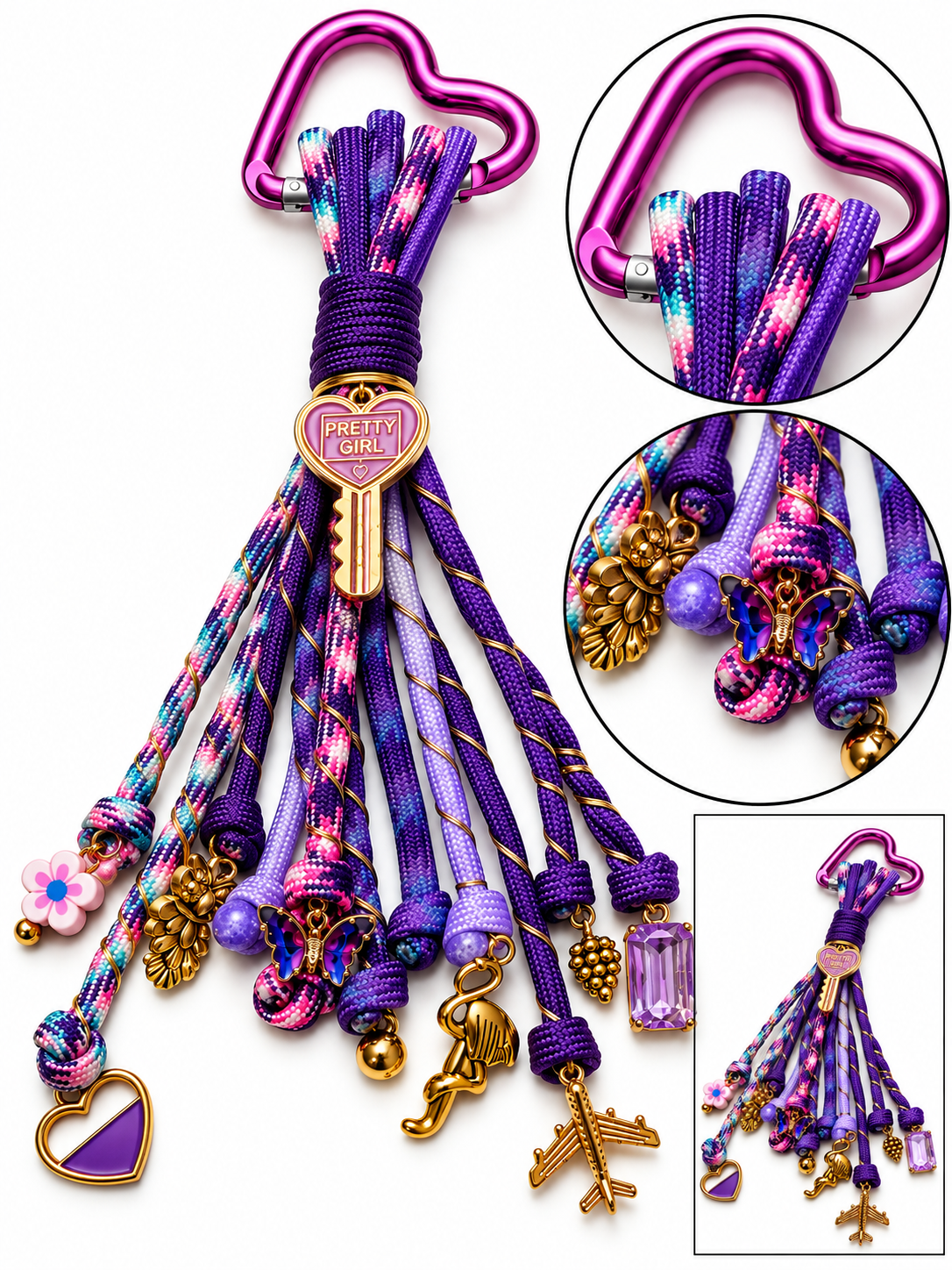 Close up and alternate view of the Purple Flower Pretty Girl bag charm shoeing its purple paracord cords and decorative dangling charms by D'Mood Kreationz,