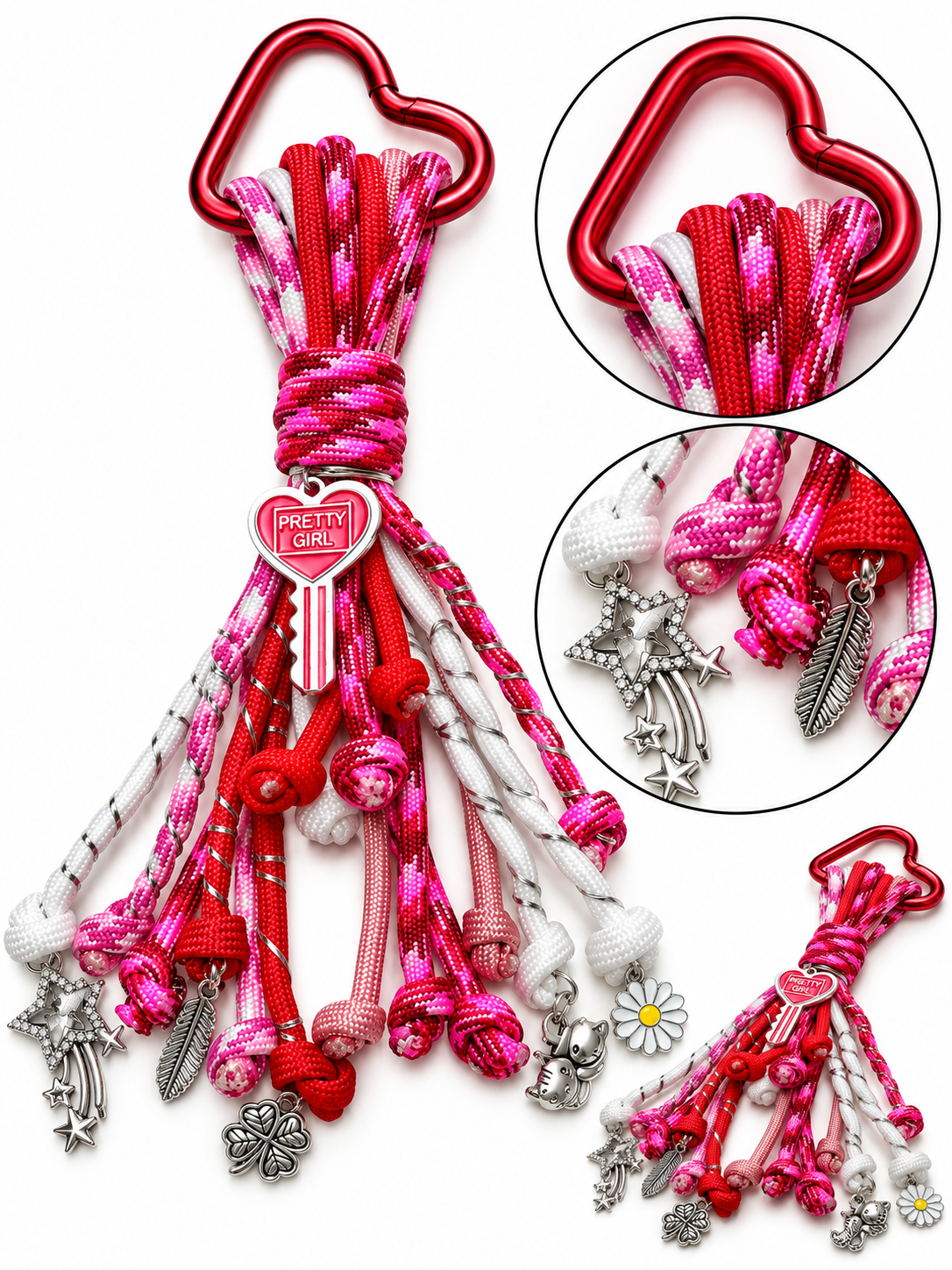 Close-up and alternative views of the Red Silver Pretty Girl bag charm highlighting its red, pink and white paracord and assorted decorative charms by D'Mood Kreationz.