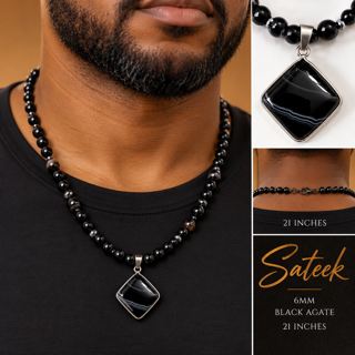 Gentleman wearing Smoke Stone 6mm black agate men's necklace with square gemstone pendant.