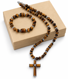 Steadfast men's tiger eye necklace and matching bracelet arranged on a natural jewelry presentation box.