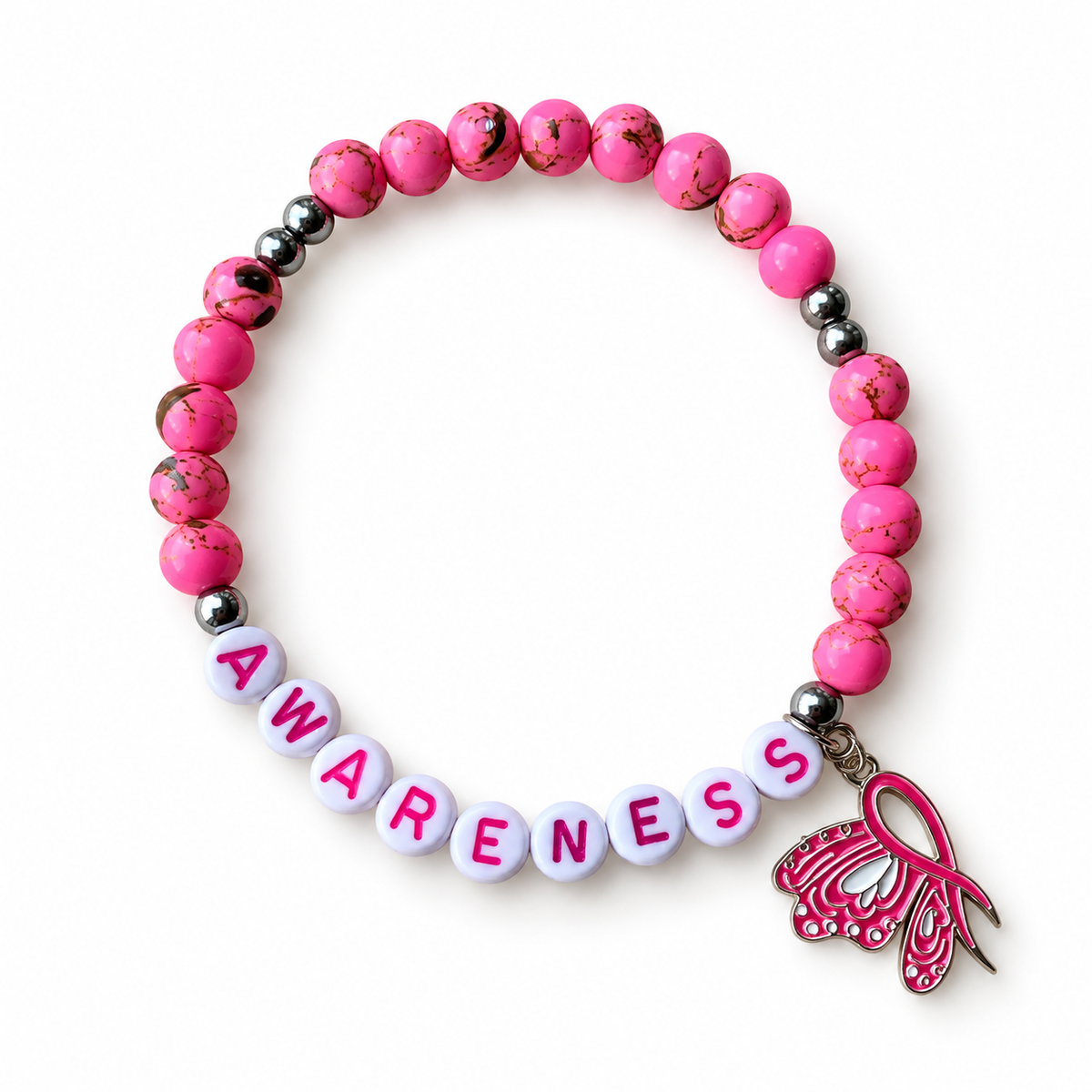 Pink gemstone awareness bracelet with AWARENESS letter beads, silver-tone accents, and a pink ribbon butterfly charm by D'Mood Kreationz.