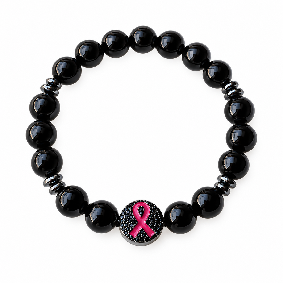Black onyx gemstone awareness bracelet featuring glossy black beads, gunmetal hematite spacers accents, and a round charm with pink awareness ribbon.
