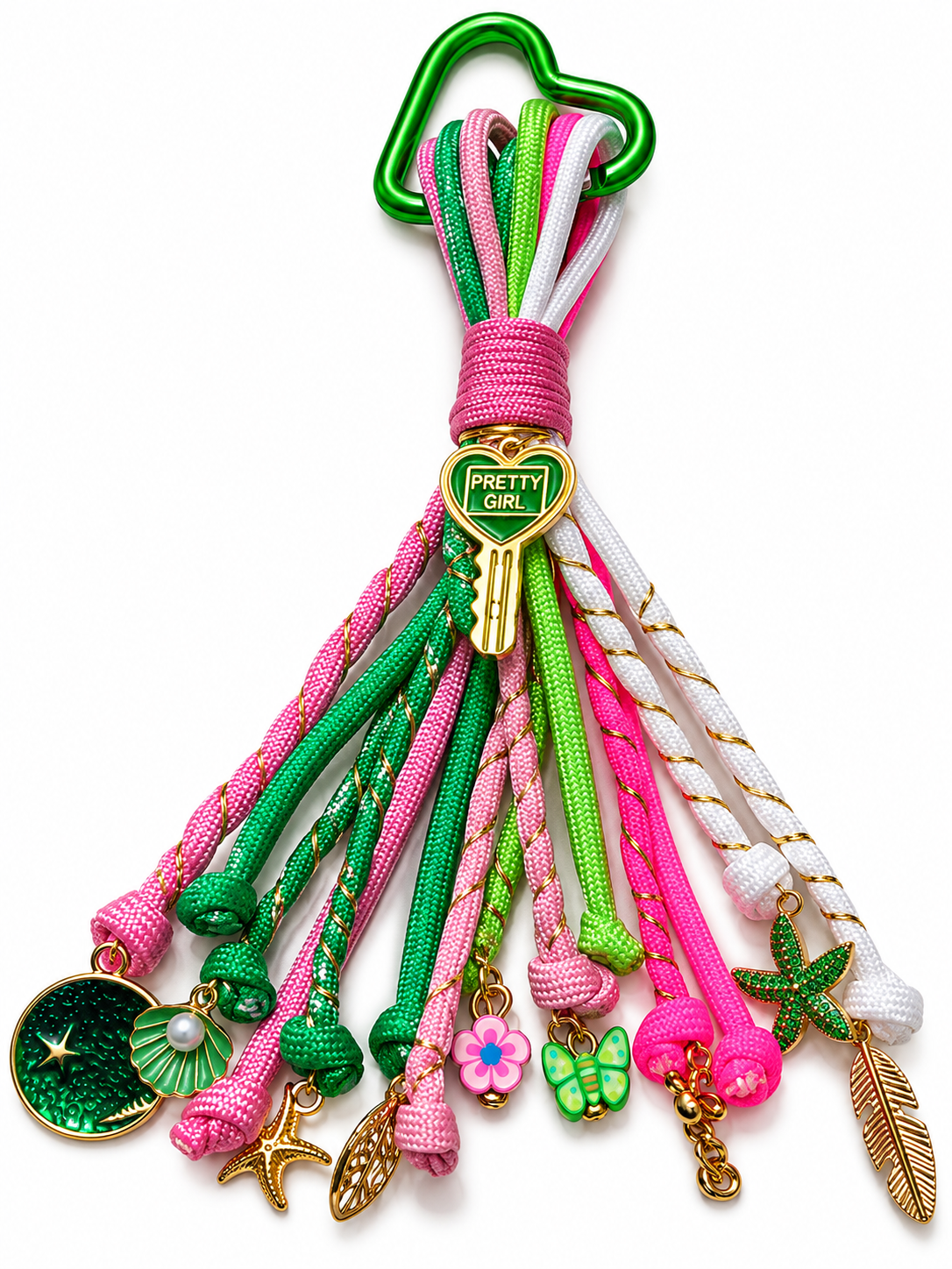 Pink and Green Pretty Girl handmade paracord bag charm featuring colorful cords, a decorative clip, heart shaped key charm, and assorted dangling charms by D'Mood Kreationz.
