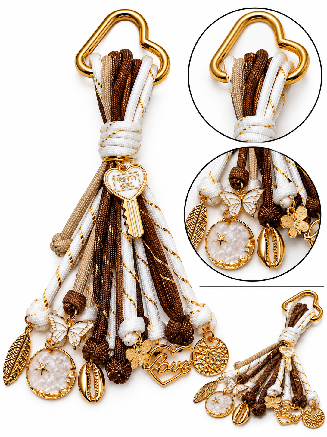Close up views of the Brown Girl Bag Charm highlighting its brown and white cords, gold tone clip, heart shaped key charm, and decorative charms by D'Mood Kreationz.