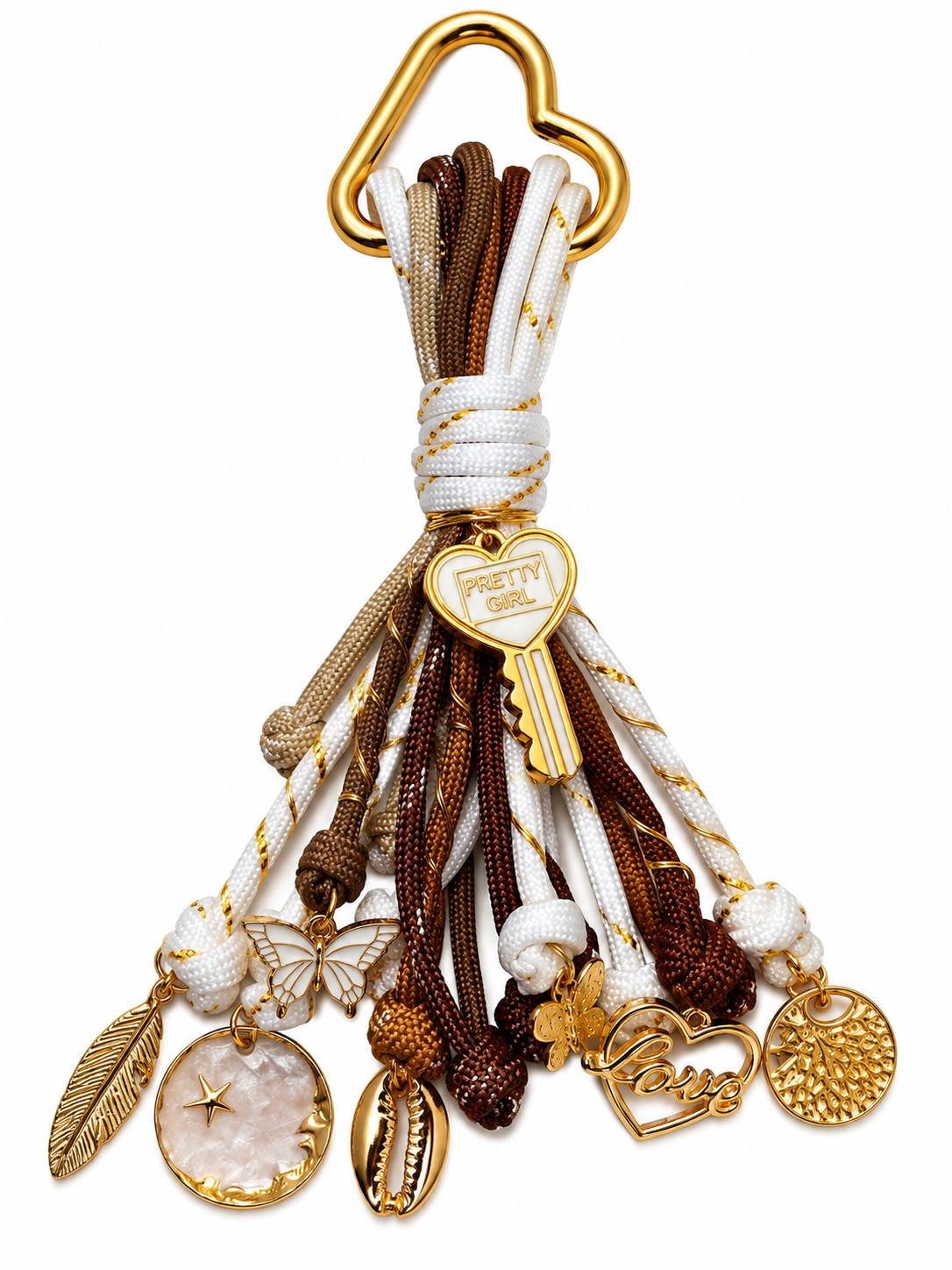 Brown Pretty Girl paracord bag charm with neutral brown and white cords, decorative dangling charms, and gold tone clip by D'Mood Krationz