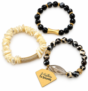 Everything three-piece bracelet set featuring onyx beads, agate beads, and shell chip beads with gold tone details.