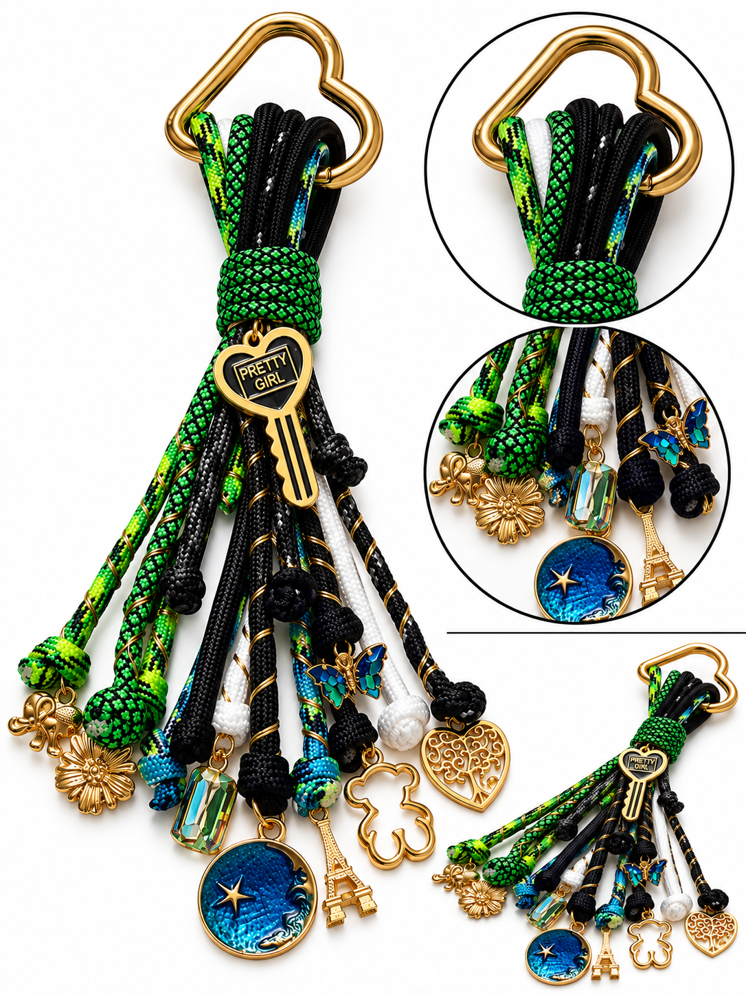 Close up and alternate views of the Green Pretty Girl bag chams showing its green and dark toned paracord and decorative dangling charms by D'Mood Kreationz.