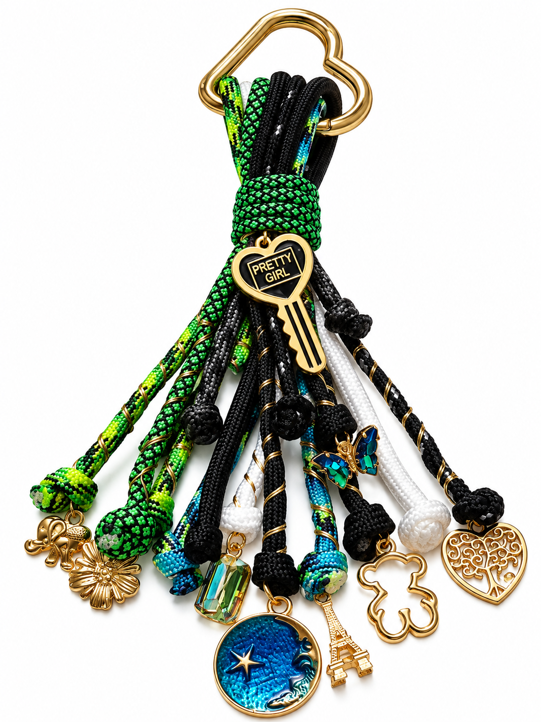 Green Pretty girl handmade paracord bag charm featuring green and dark-toned cords, a decorative clip, and assorted dangling charms by D'Mood Kreationz.