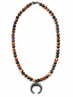 Moonfire men's fire agate and hematite beaded necklace with crescent-shaped hematite pendant on white background