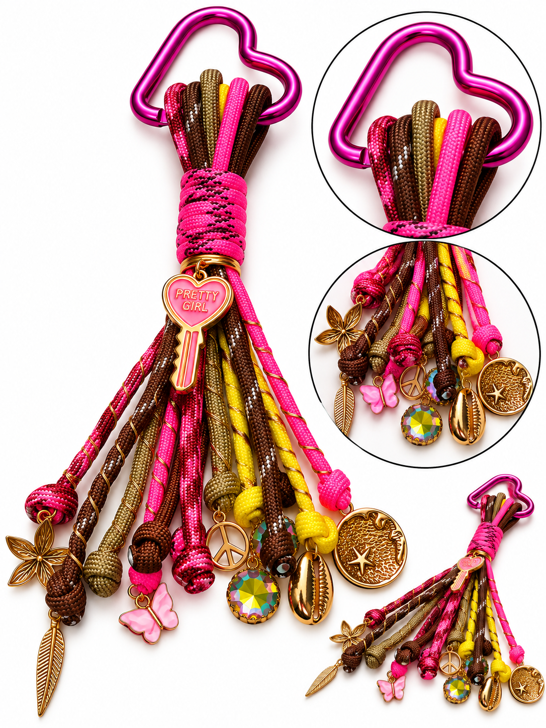 Close up and alternative views of the ink Brown Pretty Girl bag charm highlighting its pink and brown paracord cords and decorative dangling charms by D'Mood Kreationz.