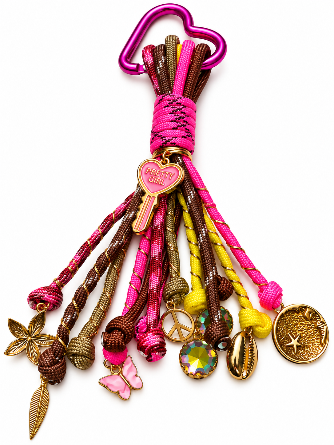 Pink and brown Pretty Girl handmade paracord bag charm featuring pink and brown cords, brown-toned accents, a decorative clip, and dangling charms by D'Mood Kreationz.