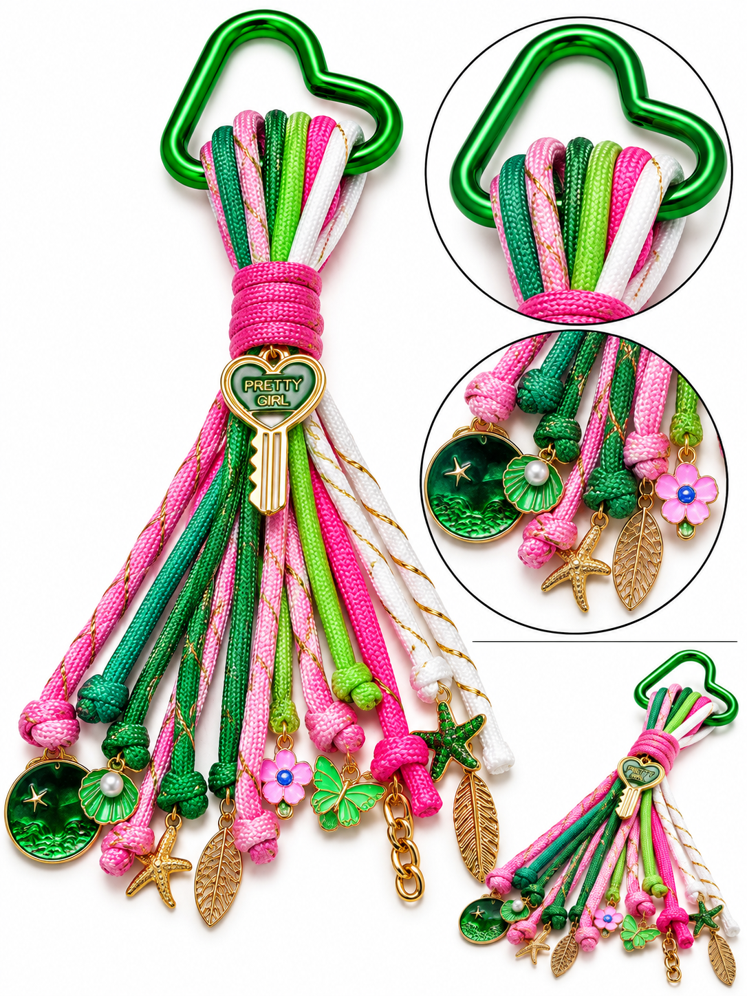 Close up and alternate views of the Pink Green Pretty Girl Bag Charm showing its pink, green and white paracord, clip and decorative dangling charms by D'Mood Kreationz.
