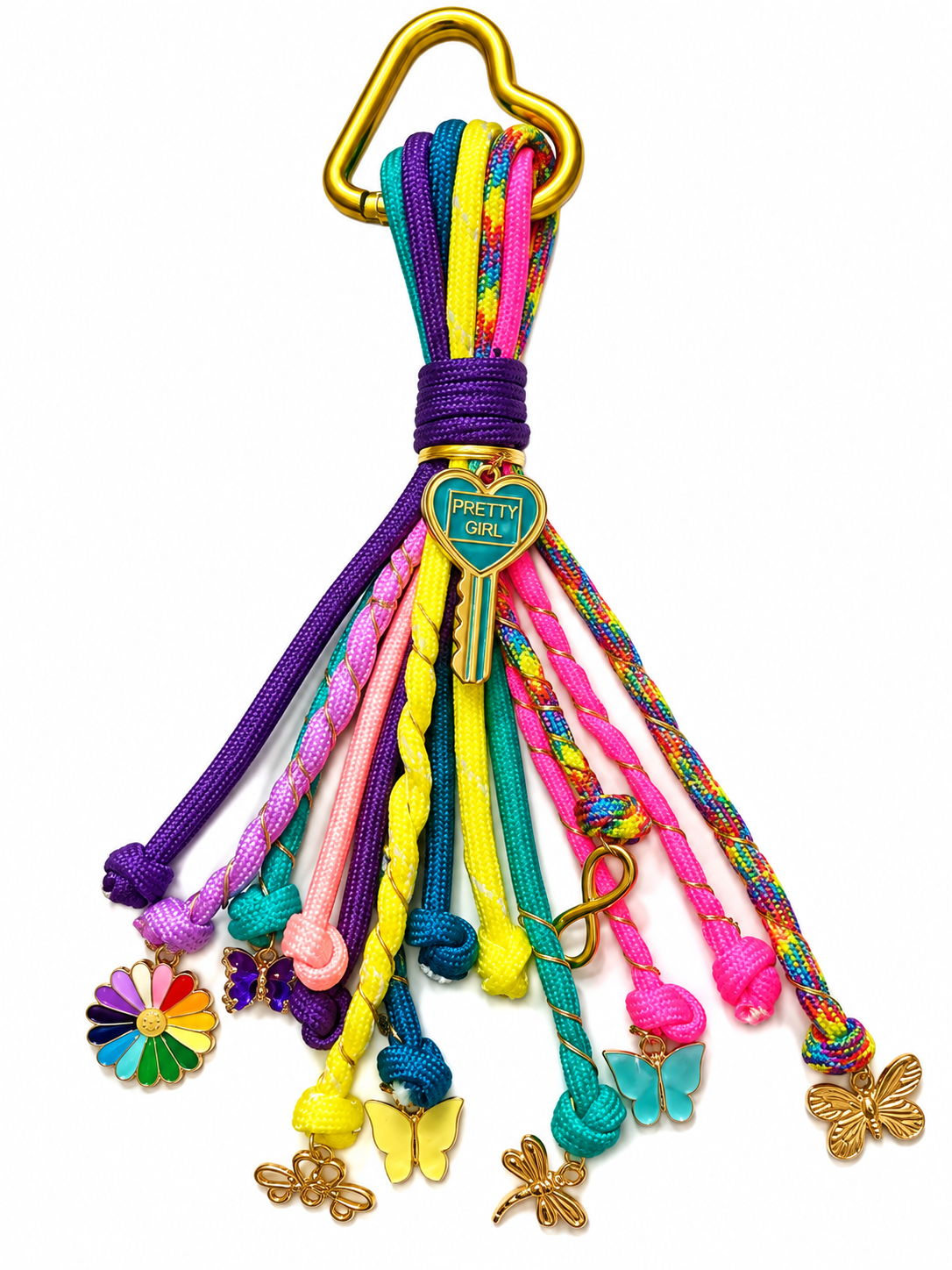 Handmade multicolor paracord Pretty Girl Bag charm with gold-tone heart Pretty Girl Charm, colorful decorative cords, and assorted dangling charms by D'Mood  Kreationz. 