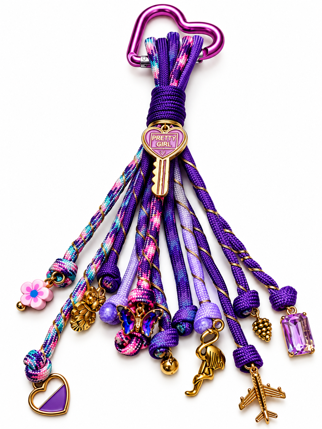 Purple Flower Pretty Girl handmade paracord bag charm featuring purple cords and assorted dangling decorative charms by D'Mood Kreationz.
