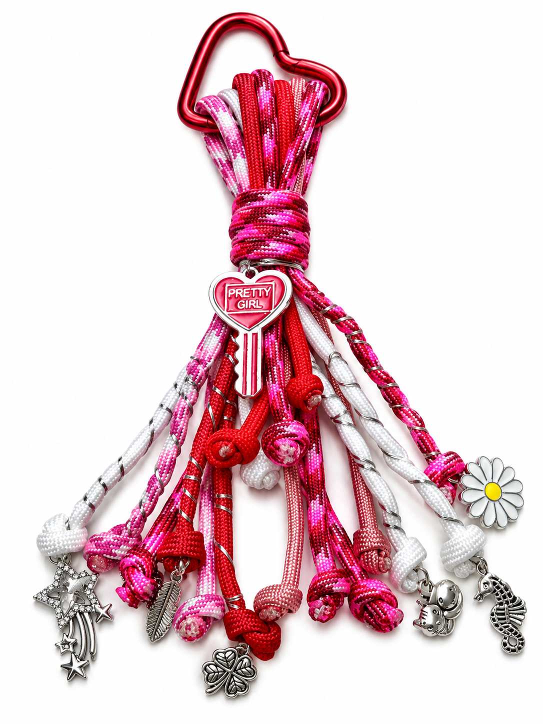 Red Silver pretty Girl handmade paracord bag charm featuring red, pink and white cords, silver tone decorative details, and assorted dangling charms y D'Mood Kreationz.