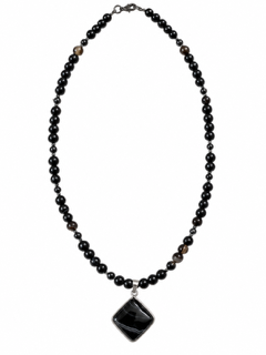 Smoke Stone Men's 21-inch black agate beaded necklace with square pendant on White background.