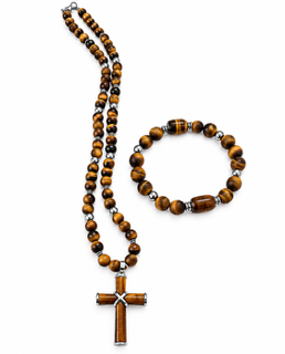 Men's tiger eye gemstone necklace and matching bracelet set featuring silver-tone accents and a coordination cross pendant.