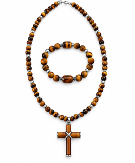 Close up of the Steadfast men necklace featuring a polished tiger's eye cross pendant with silver tone detailing.