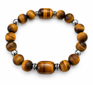 Eight-inch men's tiger eye gemstone bracelet with barrel-shaped focal beads and silver-tone accents.